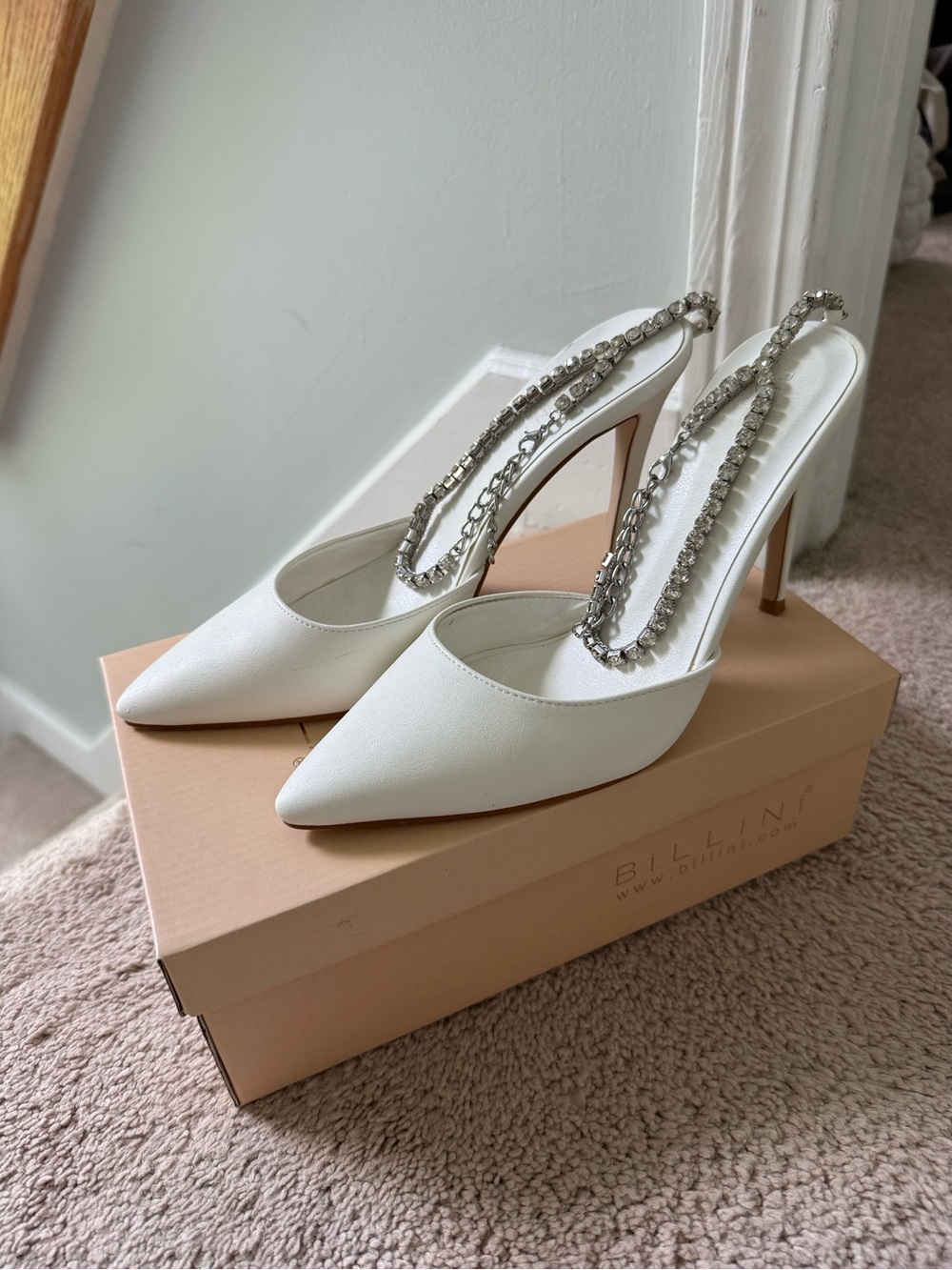 Billini Dianna White Pointed Toe Pumps with Rhinestrone Ankle Strap